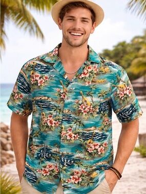 RJC Teal Hawaiian Camp Shirt with Pink Floral Accents
